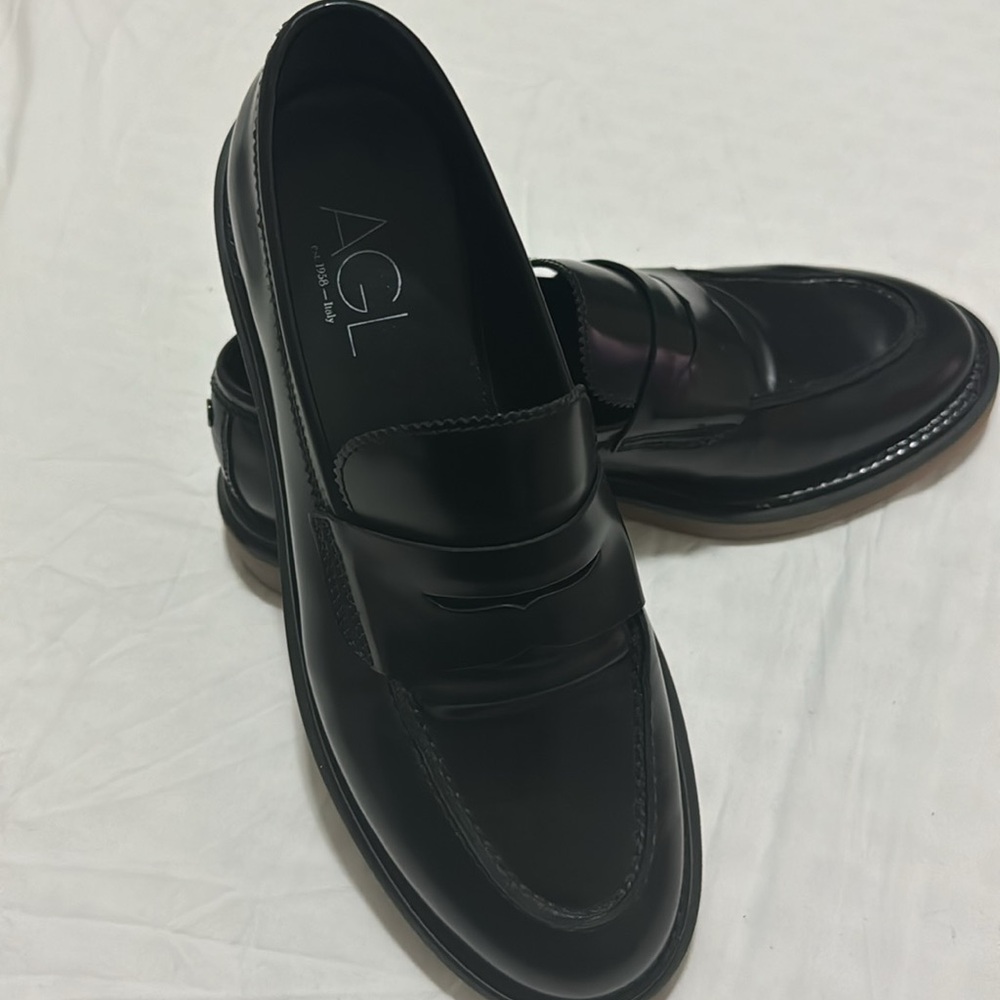 $400 AGL Sirena Penny Loafer SHOES SLIP ON LEATHER BLACK MOC TOE size 38.5